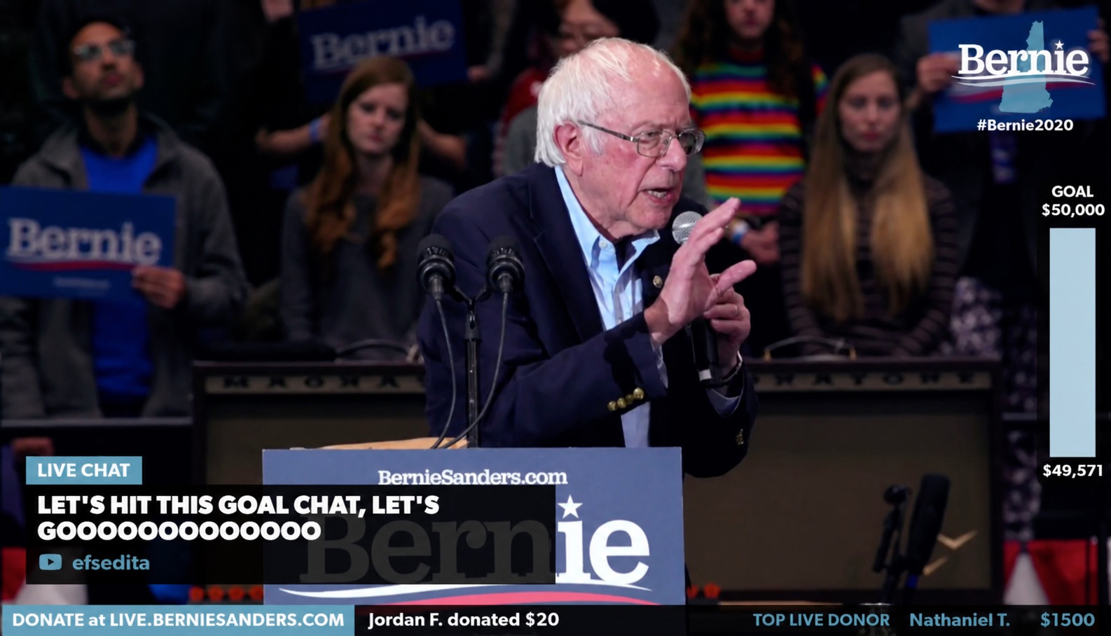 Bernie Sanders speaking during a livestream with chat and fundraising overlays