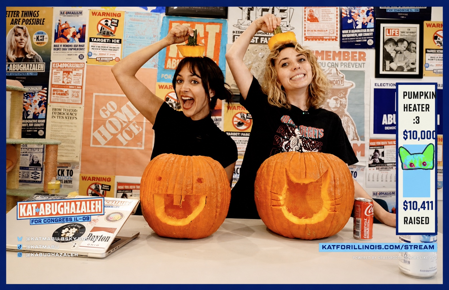 Kat for Illinois pumpkin carving livestream with an on-screen fundraising meter