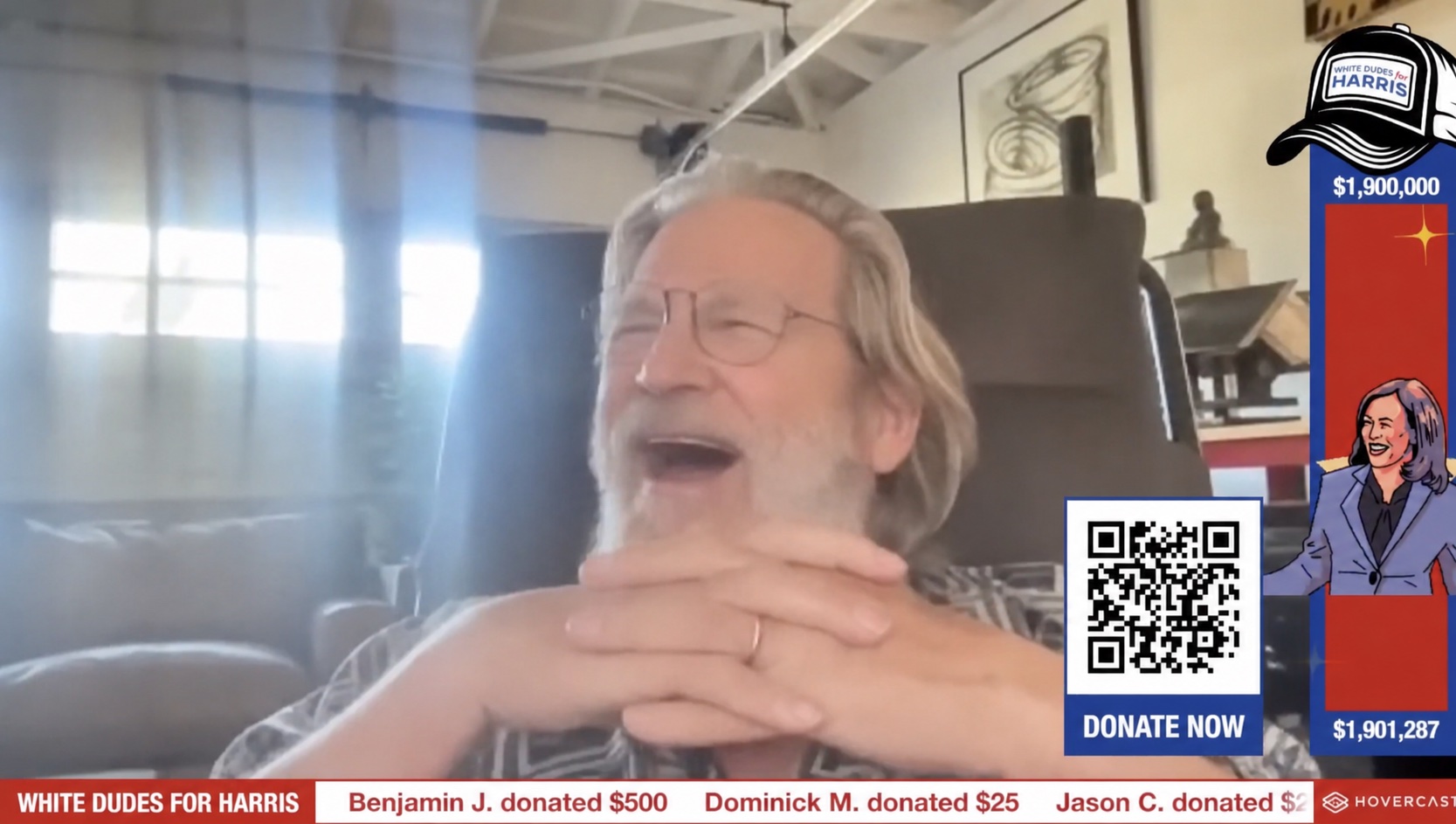White Dudes for Harris livestream with QR code, donation ticker, and fundraising meter